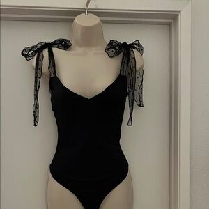 Le Lis Black Sheer Polka Dot Tie-Shoulder Bodysuit